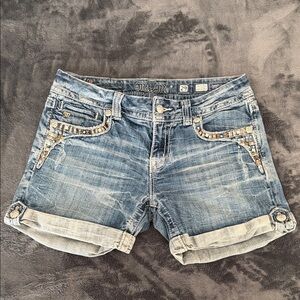 Miss Me Easy Shorts Light Blue Denim Cuffed Shorts with Crystal Trim